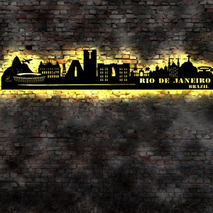Skyline Skyline Rio de Janeiro   LED Wandbild Holz Stadt AK Karte Map Stadtplan Wandsticker Leuchtbild Wandtattoo Reiseführer Silhouette