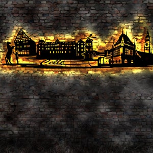 Skyline Celle LED Wandbild Holz Stadt AK Karte Map Stadtplan Wandsticker Leuchtbild Neonreklame Wandtattoo Reiseführer Silhouette