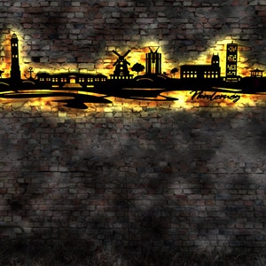 Skyline Norderney Ostfriesland Wattenmeer  Holz Stadt AK Karte Map Wandsticker Leuchtbild Neonreklame Wandtattoo Reiseführer Silhouette