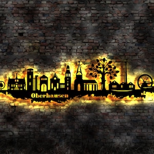 Skyline Oberhausen LED Wandbild   Holz Stadt AK Karte Map Stadtplan Wandsticker Leuchtbild Neonreklame Wandtattoo Reiseführer Silhouette