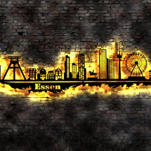 Skyline Essen  Wandbild Holz Stadt AK Karte Map Stadtplan Wandsticker Leuchtbild Neonreklame Wandtattoo Reiseführer Silhouette