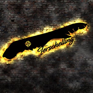 Skyline Terschelling Island LED Wandbild Holz Stadt AK Karte Map Wandsticker Leuchtbild Neonreklame Wandtattoo Reiseführer Silhouette