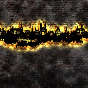 Skyline Wernigerode Wandbild Holz Stadt AK Karte Map Stadtplan Wandsticker Leuchtbild Neonreklame Wandtattoo Reiseführer Silhouette