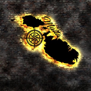 Skyline Malta Island LED Wandbild Holz Stadt AK Karte Map Wandsticker Leuchtbild Neonreklame Wandtattoo Reiseführer Silhouette
