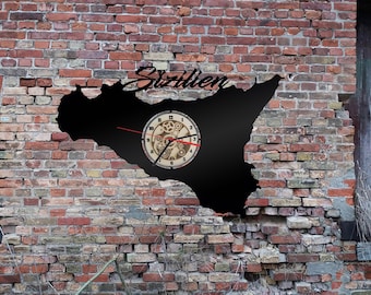 Insel Sizilien Italien   Wanduhr Uhr Holzuhr Uhren Ziffernblatt Clock Holz Armbanduhr Skyline Silhouette  Aufkleber
