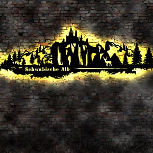 LED Skyline Schwäbische Alb Alp Wandbild Holz Stadt AK Karte  Leuchtbild Schild Bild  Wandtattoo Reiseführer Silhouette