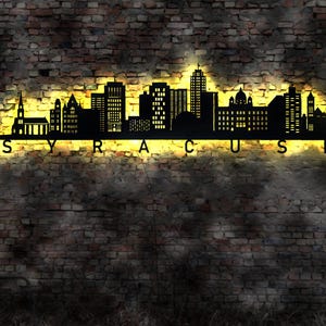Skyline Syracuse  USA  LED Wandbild Holz Stadt AK Karte Map Stadtplan Wandsticker Leuchtbild Neonreklame Wandtattoo  Silhouette