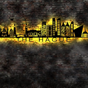 Skyline Den Haag The Hague Niederlande  LED Wandbild Holz Stadt AK Karte Map Stadtplan Wandsticker Leuchtbild Wandtattoo Silhouette