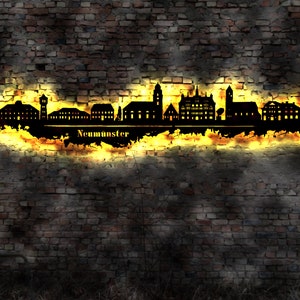 Skyline Neumünster  LED Wandbild   Holz Stadt AK Karte Map Stadtplan Wandsticker Leuchtbild Neonreklame Wandtattoo Reiseführer Silhouette