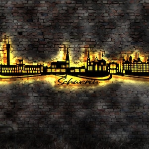 Skyline Schwerin MW LED Wandbild Holz Stadt AK Karte Map Stadtplan Wandsticker Leuchtbild Neonreklame Wandtattoo Reiseführer Silhouette