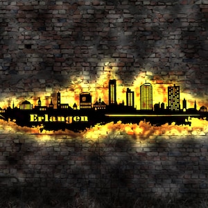 Skyline Erlangen LED Wandbild Holz Stadt AK Karte Map Stadtplan Wandsticker Leuchtbild Neonreklame Wandtattoo Reiseführer Silhouette