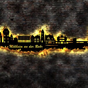 Skyline Mühlheim ad. op het Ruhrgebied Wood City AK Map Map City Map Wall Sticker Verlichte afbeelding Neon Sign Wall Tattoo Reisgids Silhouet