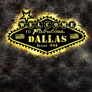 Skyline Dallas USA  LED Wandbild   Holz Stadt AK Karte Map Stadtplan Wandsticker Leuchtbild Neonreklame Wandtattoo Reiseführer Silhouette