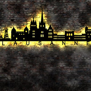 Skyline Lausanne Swiss Schweiz  LED Wandbild   Holz Stadt AK Karte Map Stadtplan Wandsticker Leuchtbild Wandtattoo Reiseführer Silhouette