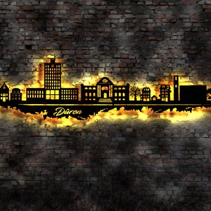 Skyline Düren  Wandbild Holz Stadt AK Karte Map Stadtplan Wandsticker Leuchtbild Neonreklame Wandtattoo Reiseführer Silhouette