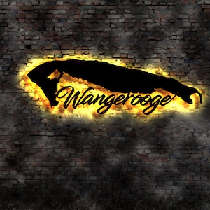 Skyline Wangerooge Wattenmeer  LED Wandbild Insel  Holz Stadt AK Karte  Stadtplan Wandsticker Leuchtbild  Wandtattoo Reiseführer Silhouette