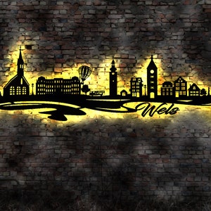 Skyline Wels  Austria Wandbild Holz Stadt AK Karte Map Stadtplan Wandsticker Leuchtbild Österreich Wandtattoo Reiseführer Silhouette