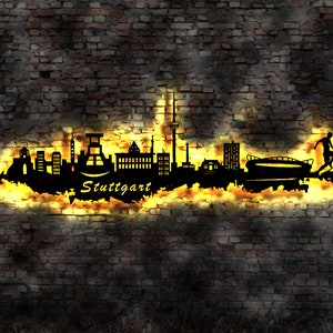 Skyline Stuttgart  LED Wandbild Holz Stadt AK Karte Map Stadtplan Wandsticker Leuchtbild Neonreklame Wandtattoo Reiseführer Silhouette