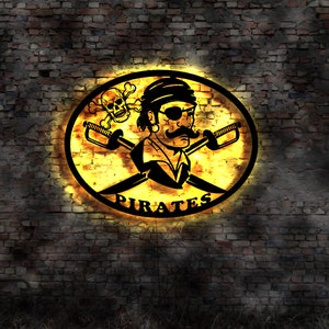 May include: A black and yellow logo with a pirate holding crossed swords and a skull and crossbones. The logo is on a brick wall with a yellow glow around it. The text "PIRATES" is below the logo.