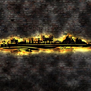 Skyline Insel Rhodos LED Wandbild Holz Stadt AK Karte Map Wandsticker Leuchtbild Neonreklame Wandtattoo Reiseführer Silhouette