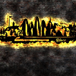Skyline Harz LED Wandbild   Holz Stadt AK Karte Map Wandsticker Leuchtbild Neonreklame Wandtattoo Reiseführer Silhouette