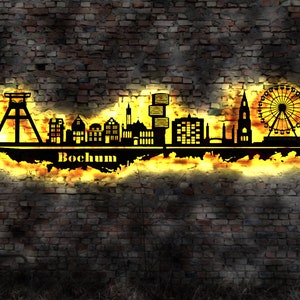 Skyline Bochum Wandbild Holz Stadt AK Karte Map Stadtplan Wandsticker Leuchtbild Neonreklame Wandtattoo Reiseführer Silhouette