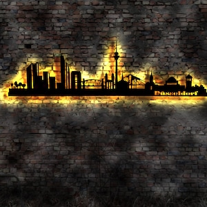 Skyline Düsseldorf LED Wandbild Holz Stadt AK Karte Map Stadtplan Wandsticker Leuchtbild Neonreklame Wandtattoo Reiseführer Silhouette