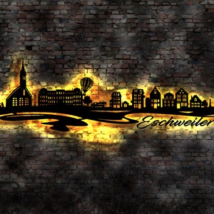 Skyline Eschweiler LED Wandbild Holz Stadt AK Karte Map Stadtplan Wandsticker Leuchtbild Neonreklame Wandtattoo Reiseführer Silhouette