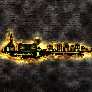 Skyline Neustrelitz LED Wandbild   Holz Stadt AK Karte Map Stadtplan Wandsticker Leuchtbild Neonreklame Wandtattoo Reiseführer Silhouette