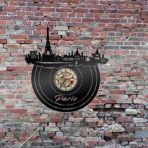Wanduhr Uhr Holzuhr Uhren Ziffernblatt Skyline Paris France   Stadt  Karte Map Wandsticker Leuchtbild Neonreklame Wandtattoo Reiseführer