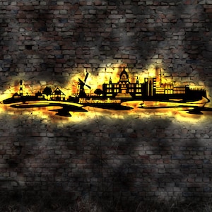 Skyline Bundesland Niedersachsen  LED Wandbild Holz Stadt  Karte Stadtplan Hannover Braunschweig Oldenburg Reiseführer Silhouette