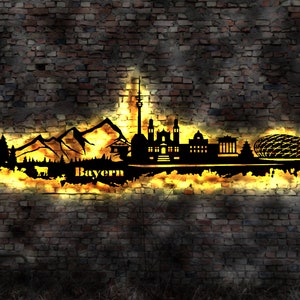 Skyline Bundesland Bayern LED Wandbild Holz Stadt  Karte Stadtplan  Süddeutschland  Reiseführer Silhouette Gebirge Alpen Kühe