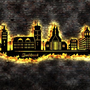 Skyline Delitzsch LED Wandbild Holz Stadt AK Karte Map Stadtplan Wandsticker Leuchtbild Neonreklame Wandtattoo Reiseführer Silhouette