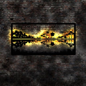 Custom text palm trees evening mood skyline savanna sunset LED wall picture wood romantic wall sticker travel guide silhouette