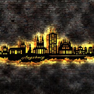 Skyline Augsburg  LED Wandbild Holz Stadt AK Karte Map Stadtplan Wandsticker Leuchtbild Neonreklame Wandtattoo Reiseführer Silhouette