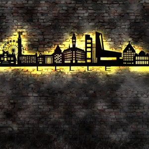 Skyline Lille  France Frankreich LED Wandbild Holz Stadt AK Karte Map Stadtplan Wandsticker Leuchtbild Neonreklame Wandtattoo