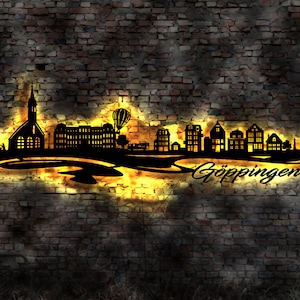 Skyline Göppingen LED Wandbild Holz Stadt AK Karte Map Stadtplan Wandsticker Leuchtbild Neonreklame Wandtattoo Reiseführer Silhouette