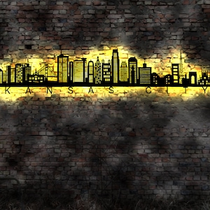 Skyline Kansas City USA  LED Wandbild Holz Stadt AK Karte Map Stadtplan Wandsticker Leuchtbild Neonreklame Wandtattoo  Silhouette