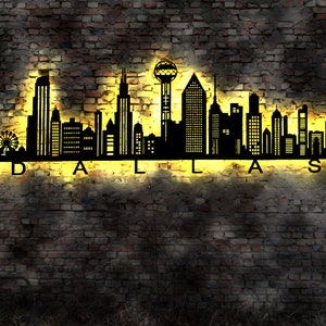 Skyline Dallas USA  LED Wandbild   Holz Stadt AK Karte Map Stadtplan Wandsticker Leuchtbild Neonreklame Wandtattoo Reiseführer Silhouette