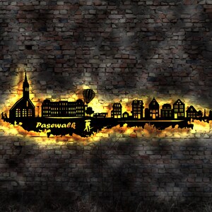 Skyline Pasewalk  LED Wandbild   Holz Stadt AK Karte Map Stadtplan Wandsticker Leuchtbild Neonreklame Wandtattoo Reiseführer Silhouette