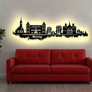 Skyline Merzig Saarland LED Wandbild Holz Stadt AK Karte Map Stadtplan Wandsticker Leuchtbild Neonreklame Wandtattoo  Silhouette