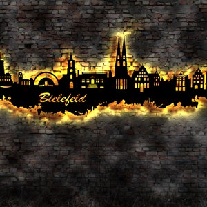 Skyline Bielefeld LED Wandbild Holz Stadt AK Karte Map Stadtplan Wandsticker Leuchtbild Neonreklame Wandtattoo Reiseführer Silhouette