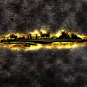 Skyline Lanzarote Kanaren Island Insel Holiday  Holz Stadt AK Karte Map Wandsticker Leuchtbild Neonreklame Wandtattoo Reiseführer Silhouette