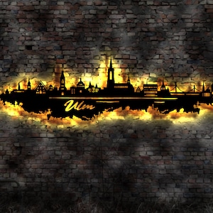 Skyline Ulm LED Wandbild Holz Stadt AK Karte Map Stadtplan Wandsticker Leuchtbild Neonreklame Wandtattoo Reiseführer Silhouette