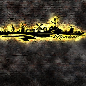 Skyline Nordsee LED Wandbild Holz Stadt AK Karte Map Wandsticker Leuchtbild Neonreklame Wandtattoo Reiseführer Silhouette Inseln