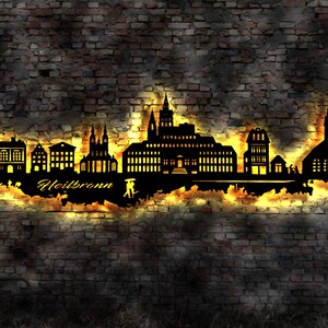 Skyline Heilbronn   LED Wandbild Holz Stadt AK Karte Map Stadtplan Wandsticker Leuchtbild Neonreklame Wandtattoo Reiseführer Silhouette