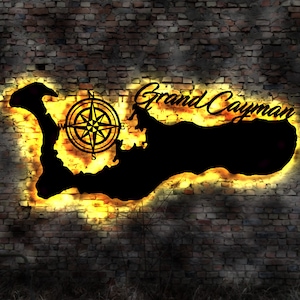 Skyline Grand Cayman  Urlaub  LED Wandbild Holz Stadt AK Karte Map Wandsticker Leuchtbild Neonreklame Wandtattoo Reiseführer Silhouette