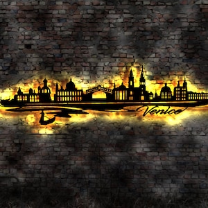 Skyline Venedig Venesia LED Wandbild Holz Stadt AK Karte Map Stadtplan Wandsticker Leuchtbild Neonreklame Wandtattoo Reiseführer Silhouette