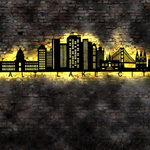 Skyline Salt Lake City USA  LED Wandbild Holz Stadt AK Karte Map Stadtplan WandstickerWandtattoo