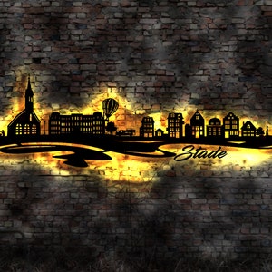 Skyline Stade  LED Wandbild Holz Stadt AK Karte Map Stadtplan Wandsticker Leuchtbild Neonreklame Wandtattoo Reiseführer Silhouette